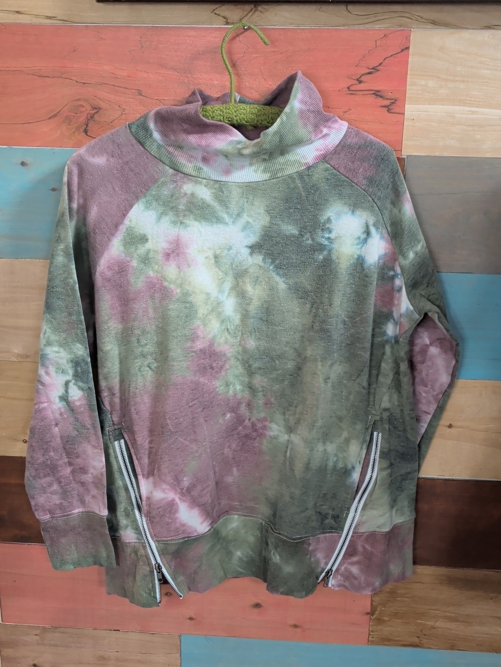 Tie-Dye Funnel Neck Hoodie in Green & Pink